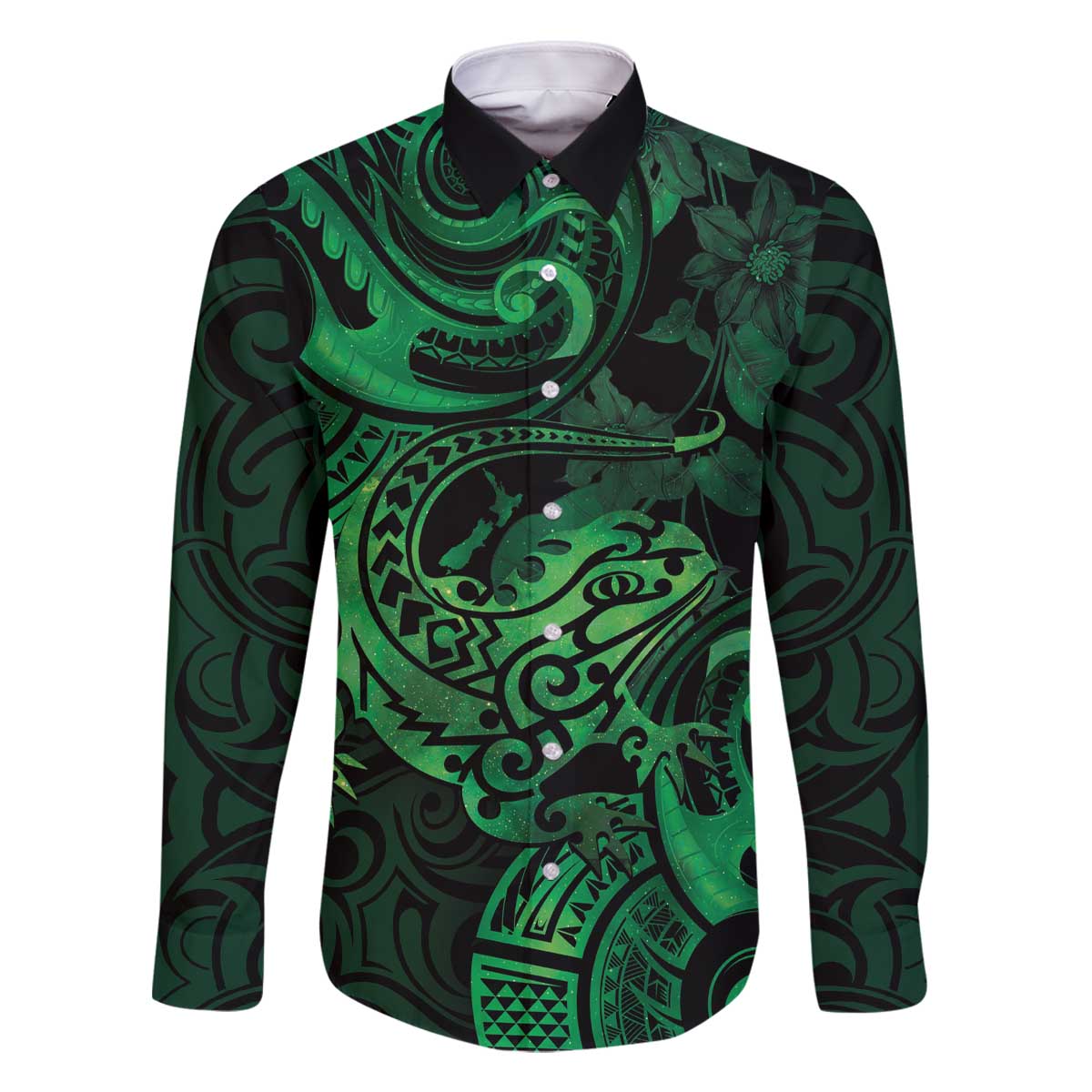 New Zealand Tuatara Family Matching Off Shoulder Short Dress and Hawaiian Shirt Aotearoa Maori Clematis Flowers - Green LT14 Dad's Shirt - Long Sleeve Green - Polynesian Pride