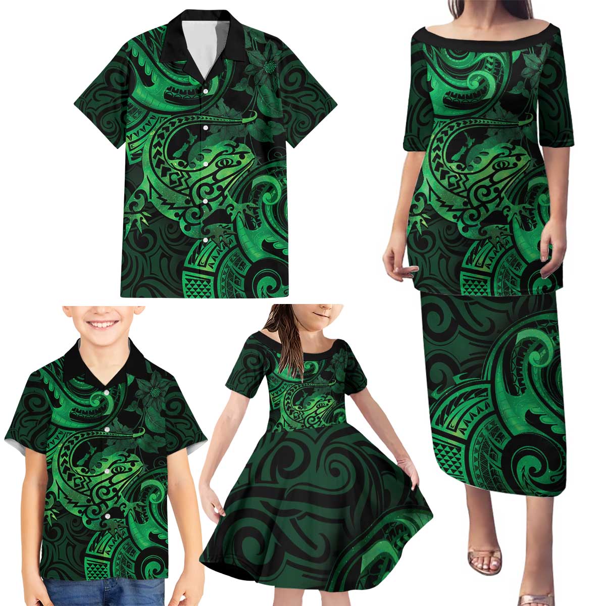 New Zealand Tuatara Family Matching Puletasi and Hawaiian Shirt Aotearoa Maori Clematis Flowers - Green LT14 - Polynesian Pride