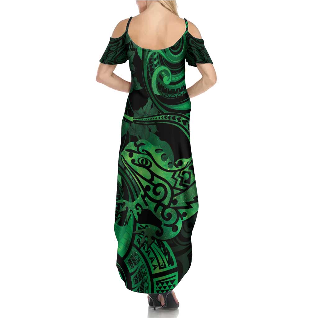 New Zealand Tuatara Family Matching Summer Maxi Dress and Hawaiian Shirt Aotearoa Maori Clematis Flowers - Green LT14 - Polynesian Pride