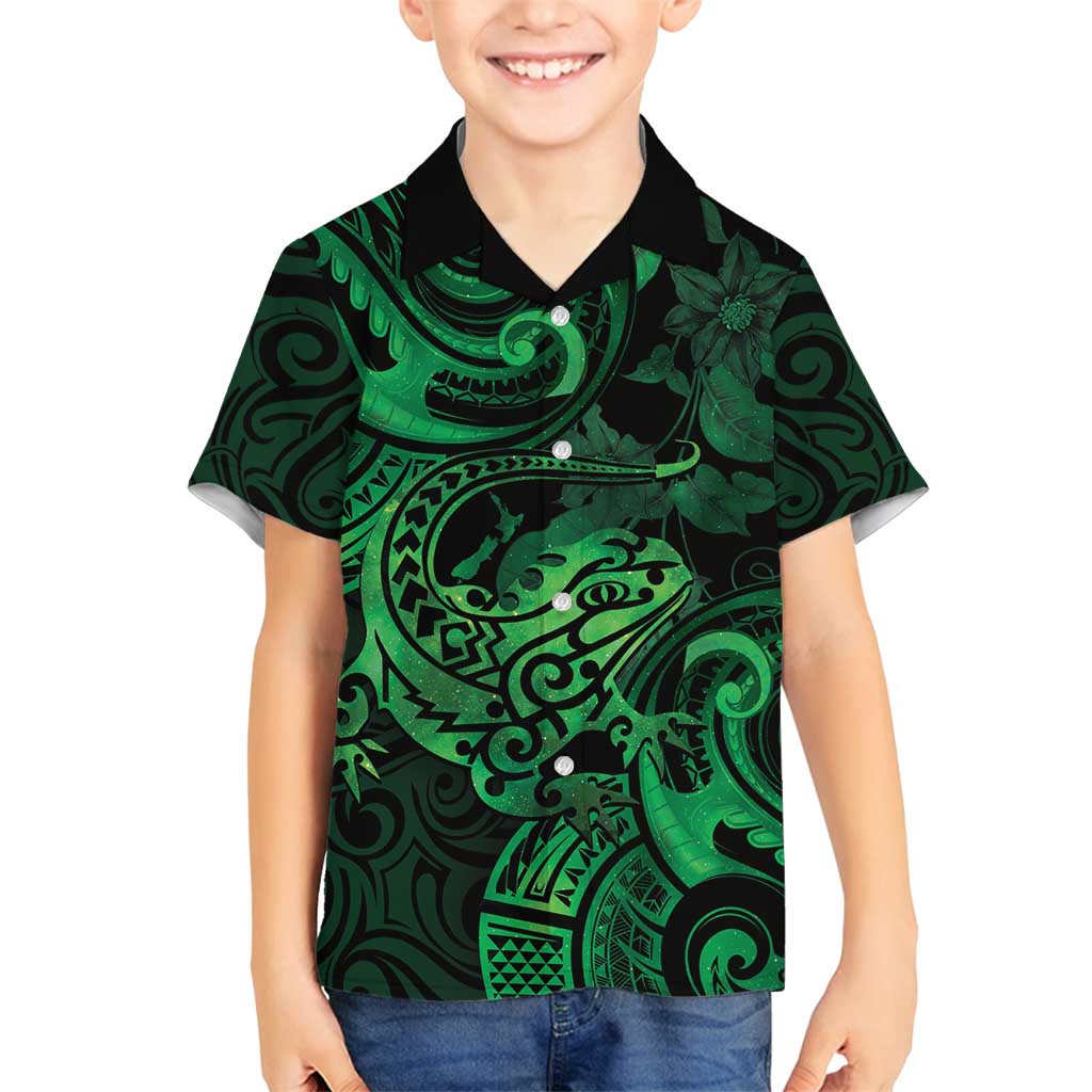 New Zealand Tuatara Family Matching Summer Maxi Dress and Hawaiian Shirt Aotearoa Maori Clematis Flowers - Green LT14 Son's Shirt Green - Polynesian Pride