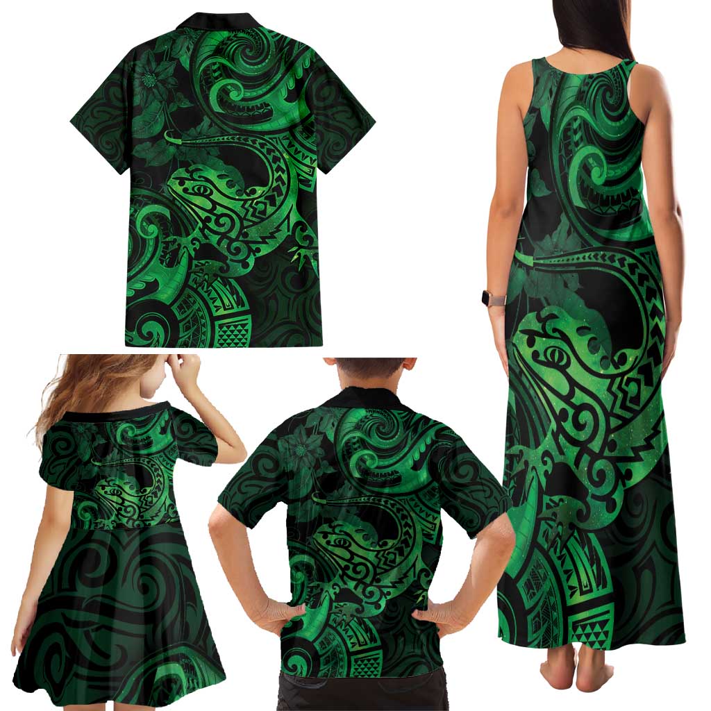 New Zealand Tuatara Family Matching Tank Maxi Dress and Hawaiian Shirt Aotearoa Maori Clematis Flowers - Green LT14 - Polynesian Pride
