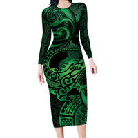 New Zealand Tuatara Long Sleeve Bodycon Dress Aotearoa Maori Clematis Flowers - Green LT14 Long Dress Green - Polynesian Pride
