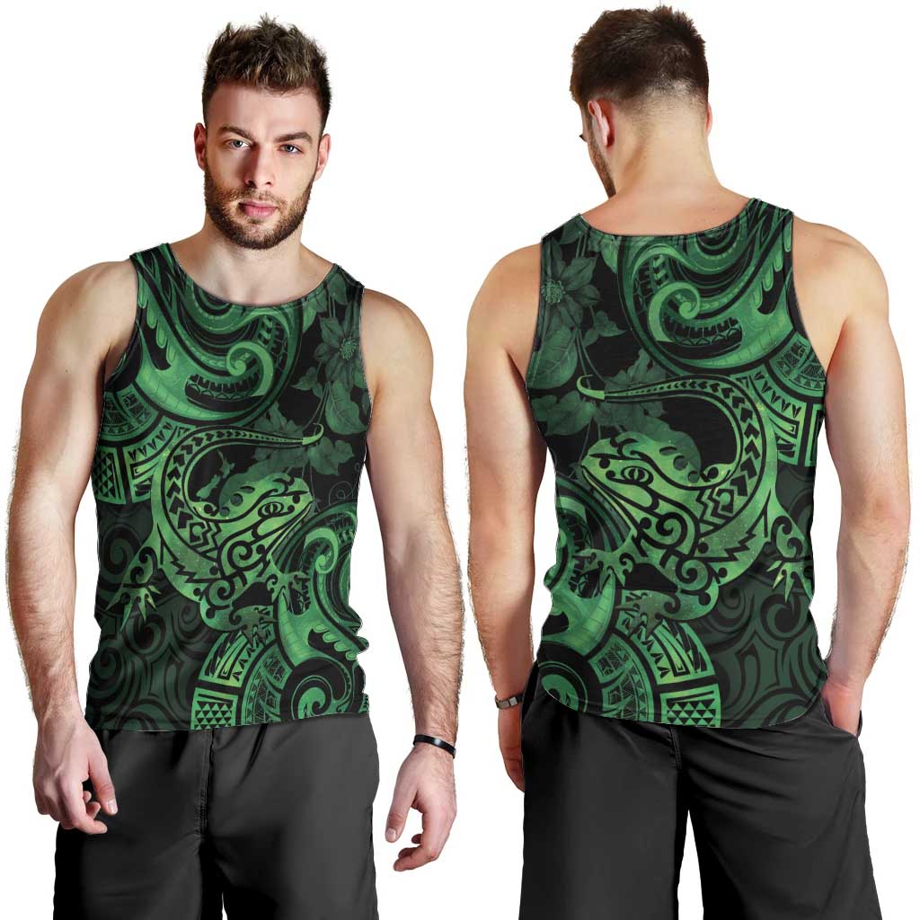 New Zealand Tuatara Men Tank Top Aotearoa Maori Clematis Flowers - Green