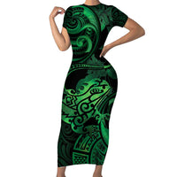 New Zealand Tuatara Short Sleeve Bodycon Dress Aotearoa Maori Clematis Flowers - Green LT14 Long Dress Green - Polynesian Pride
