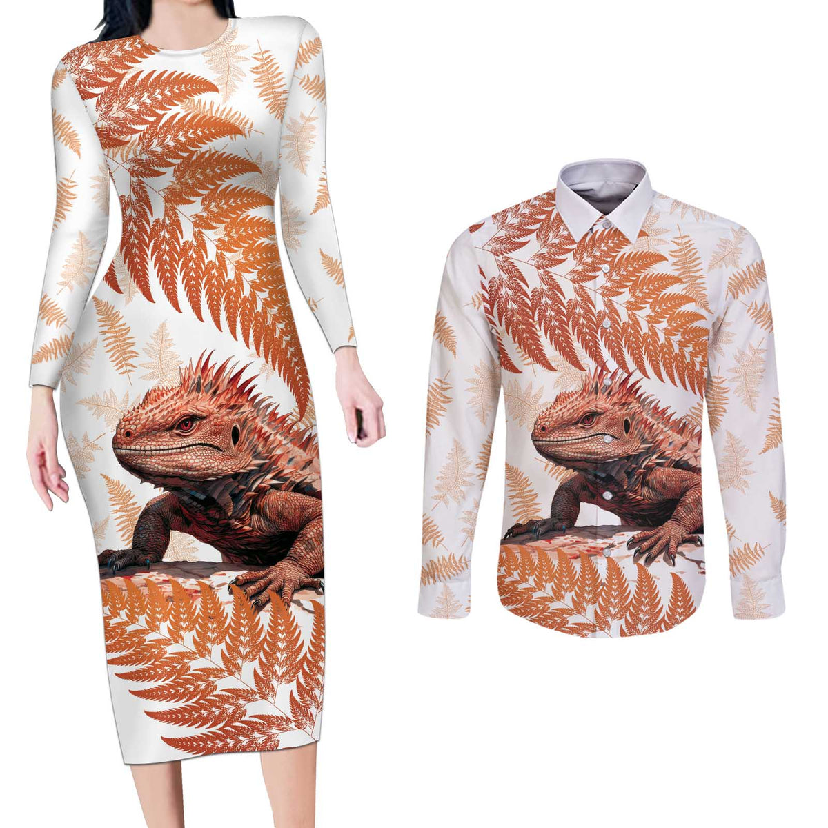 Red New Zealand Tuatara Couples Matching Long Sleeve Bodycon Dress and Long Sleeve Button Shirt Aotearoa Sphenodon Punctatus Silver Fern LT14 Red - Polynesian Pride
