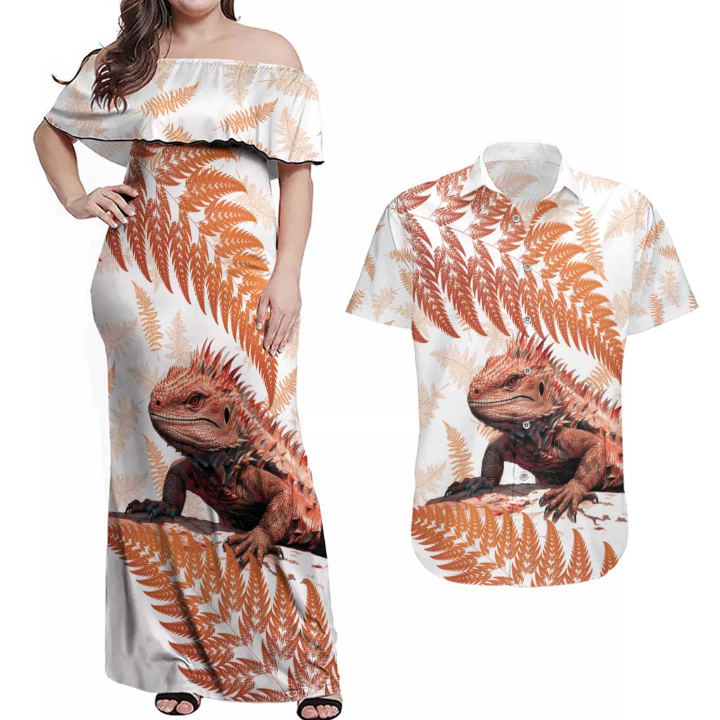 Red New Zealand Tuatara Couples Matching Off Shoulder Maxi Dress and Hawaiian Shirt Aotearoa Sphenodon Punctatus Silver Fern LT14 Red - Polynesian Pride