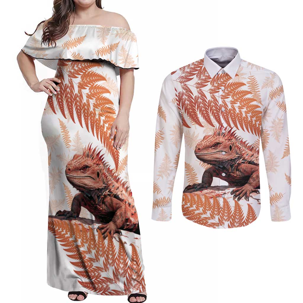 Red New Zealand Tuatara Couples Matching Off Shoulder Maxi Dress and Long Sleeve Button Shirt Aotearoa Sphenodon Punctatus Silver Fern LT14 Red - Polynesian Pride