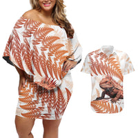 Red New Zealand Tuatara Couples Matching Off Shoulder Short Dress and Hawaiian Shirt Aotearoa Sphenodon Punctatus Silver Fern LT14 Red - Polynesian Pride