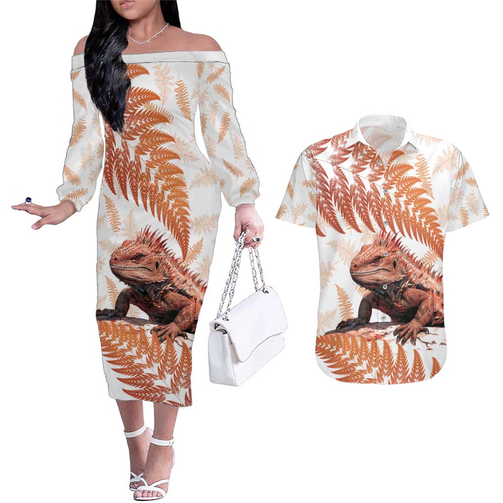 Red New Zealand Tuatara Couples Matching Off The Shoulder Long Sleeve Dress and Hawaiian Shirt Aotearoa Sphenodon Punctatus Silver Fern LT14 Red - Polynesian Pride