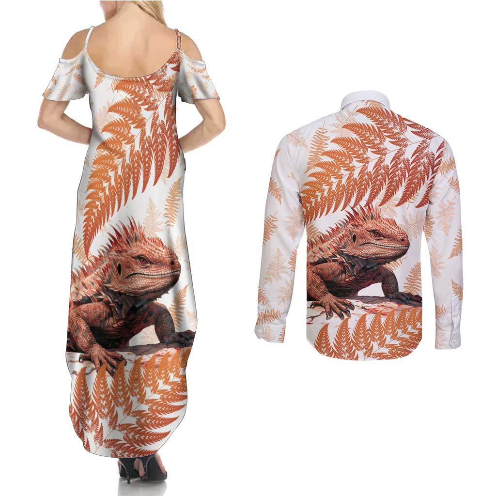 Red New Zealand Tuatara Couples Matching Summer Maxi Dress and Long Sleeve Button Shirt Aotearoa Sphenodon Punctatus Silver Fern LT14 - Polynesian Pride
