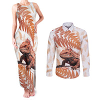 Red New Zealand Tuatara Couples Matching Tank Maxi Dress and Long Sleeve Button Shirt Aotearoa Sphenodon Punctatus Silver Fern LT14 Red - Polynesian Pride