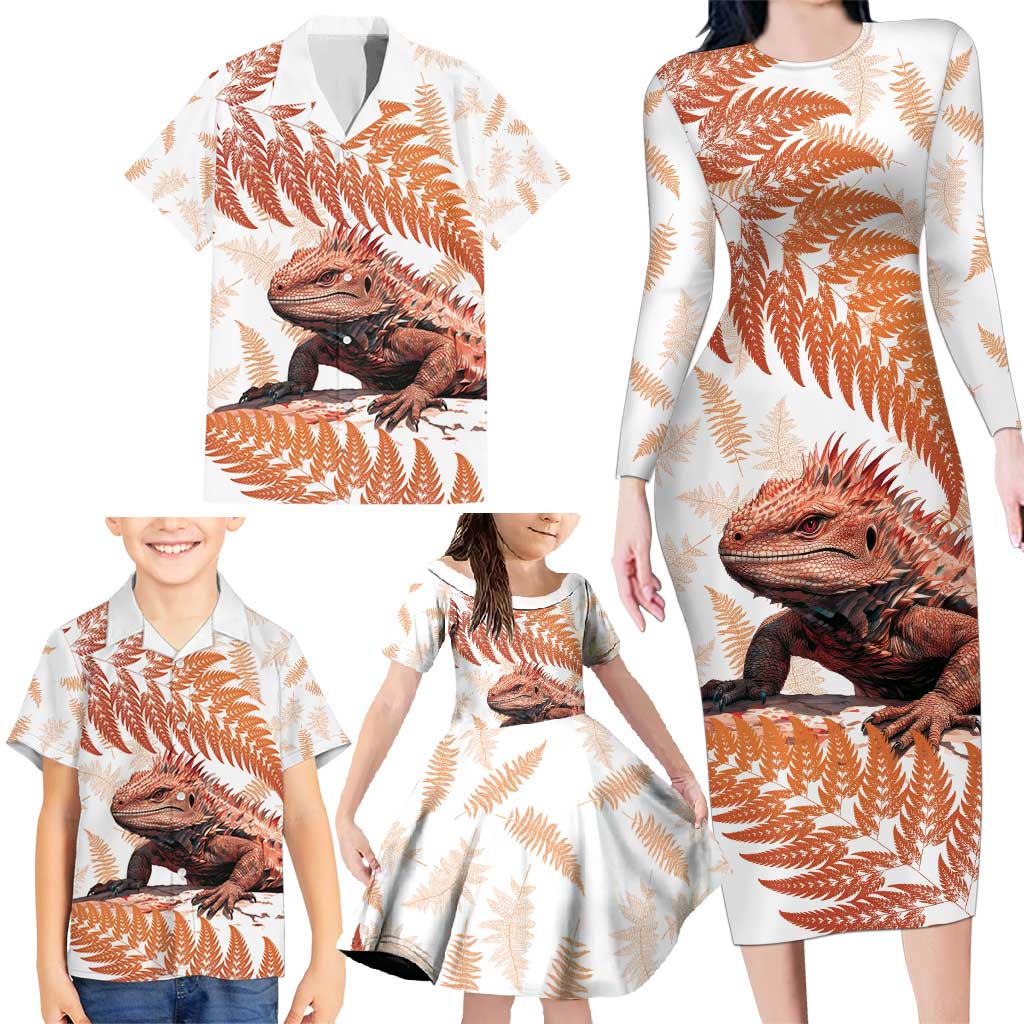 Red New Zealand Tuatara Family Matching Long Sleeve Bodycon Dress and Hawaiian Shirt Aotearoa Sphenodon Punctatus Silver Fern LT14 - Polynesian Pride