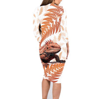 Red New Zealand Tuatara Family Matching Long Sleeve Bodycon Dress and Hawaiian Shirt Aotearoa Sphenodon Punctatus Silver Fern LT14 - Polynesian Pride