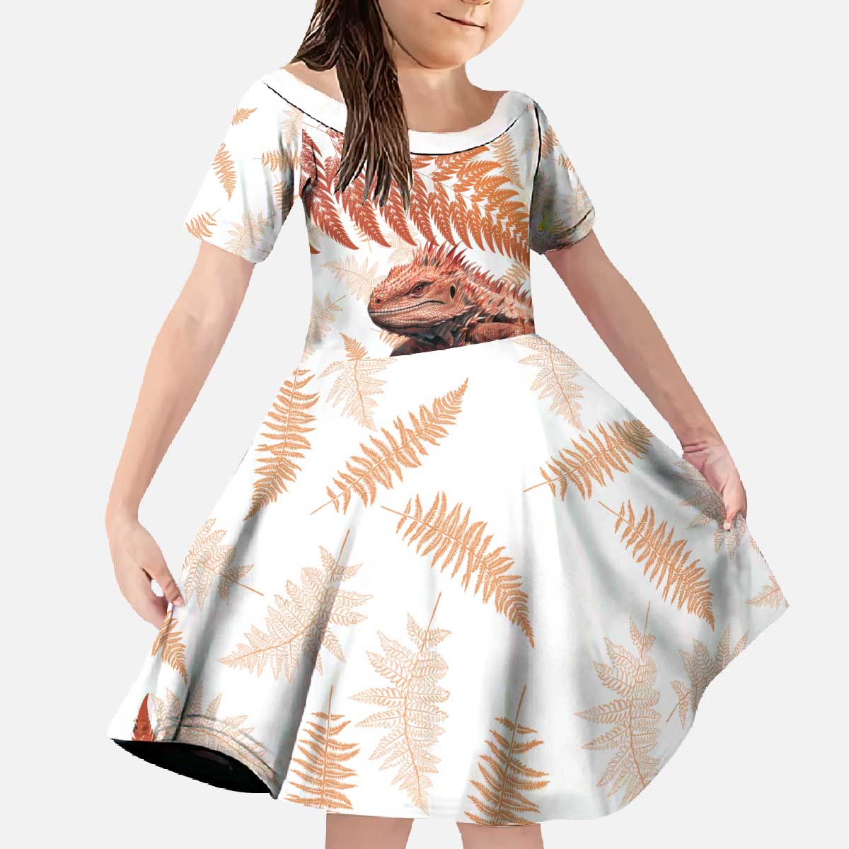 Red New Zealand Tuatara Family Matching Off The Shoulder Long Sleeve Dress and Hawaiian Shirt Aotearoa Sphenodon Punctatus Silver Fern LT14 Daughter's Dress Red - Polynesian Pride
