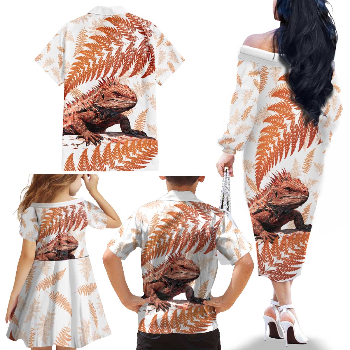 Red New Zealand Tuatara Family Matching Off The Shoulder Long Sleeve Dress and Hawaiian Shirt Aotearoa Sphenodon Punctatus Silver Fern LT14 - Polynesian Pride