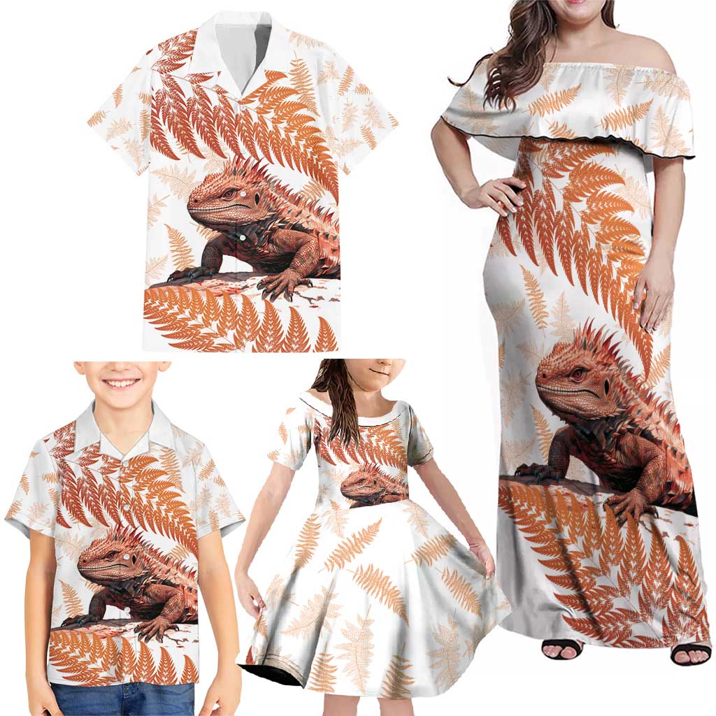 Red New Zealand Tuatara Family Matching Off Shoulder Maxi Dress and Hawaiian Shirt Aotearoa Sphenodon Punctatus Silver Fern LT14 - Polynesian Pride