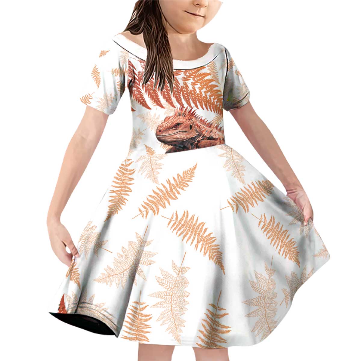 Red New Zealand Tuatara Family Matching Off Shoulder Short Dress and Hawaiian Shirt Aotearoa Sphenodon Punctatus Silver Fern LT14 Daughter's Dress Red - Polynesian Pride