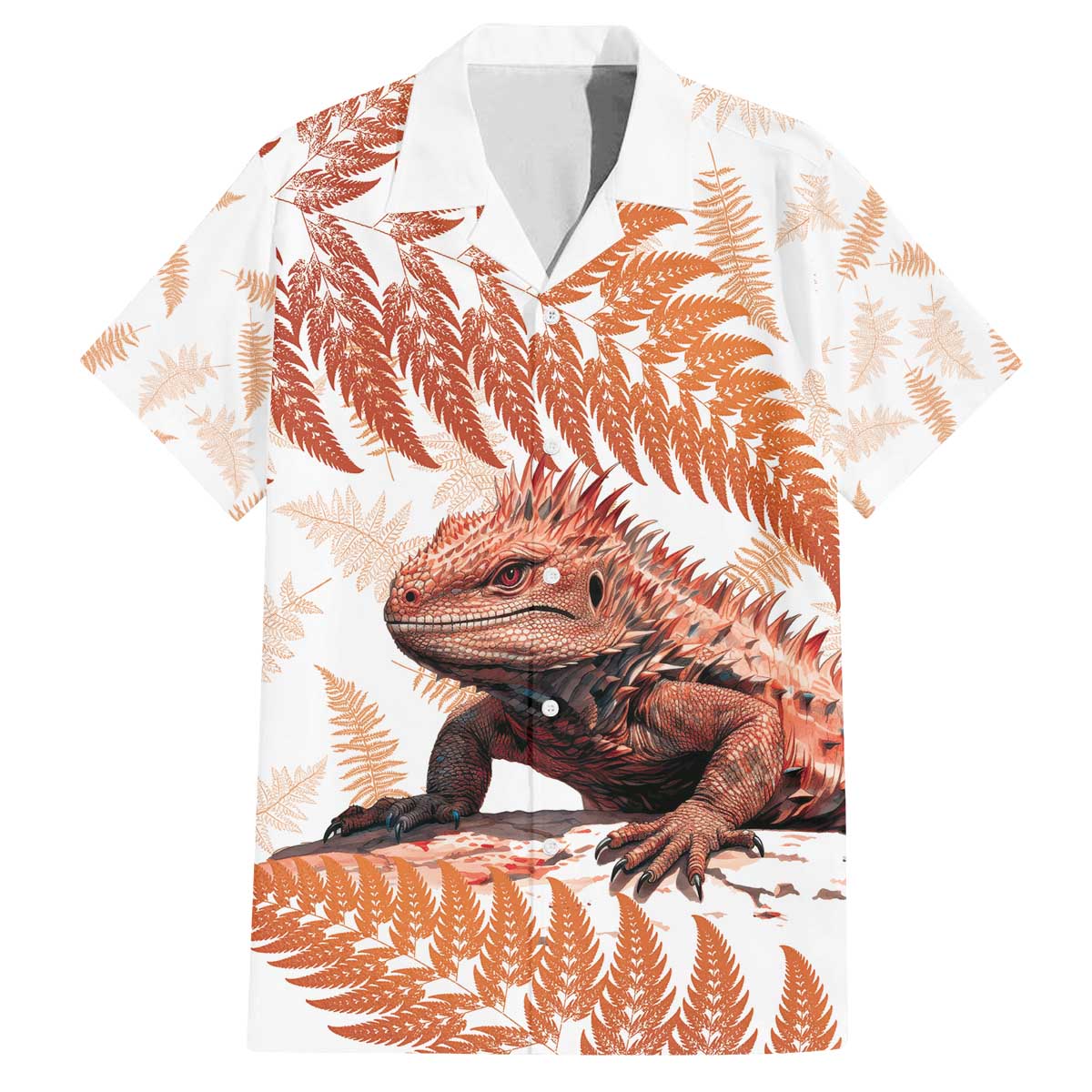 Red New Zealand Tuatara Family Matching Puletasi and Hawaiian Shirt Aotearoa Sphenodon Punctatus Silver Fern LT14 Dad's Shirt - Short Sleeve Red - Polynesian Pride