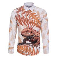 Red New Zealand Tuatara Family Matching Puletasi and Hawaiian Shirt Aotearoa Sphenodon Punctatus Silver Fern LT14 Dad's Shirt - Long Sleeve Red - Polynesian Pride