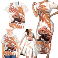Red New Zealand Tuatara Family Matching Short Sleeve Bodycon Dress and Hawaiian Shirt Aotearoa Sphenodon Punctatus Silver Fern LT14 - Polynesian Pride
