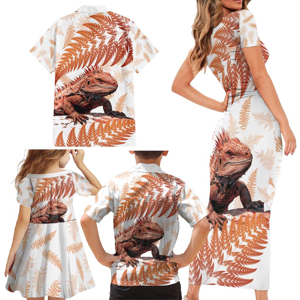 Red New Zealand Tuatara Family Matching Short Sleeve Bodycon Dress and Hawaiian Shirt Aotearoa Sphenodon Punctatus Silver Fern LT14 - Polynesian Pride