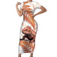 Red New Zealand Tuatara Family Matching Short Sleeve Bodycon Dress and Hawaiian Shirt Aotearoa Sphenodon Punctatus Silver Fern LT14 Mom's Dress Red - Polynesian Pride