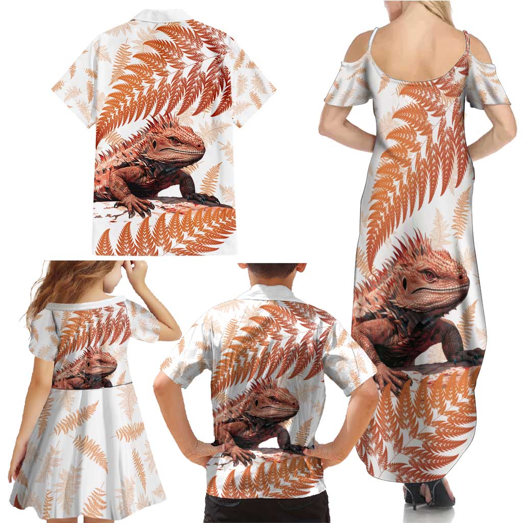 Red New Zealand Tuatara Family Matching Summer Maxi Dress and Hawaiian Shirt Aotearoa Sphenodon Punctatus Silver Fern LT14 - Polynesian Pride