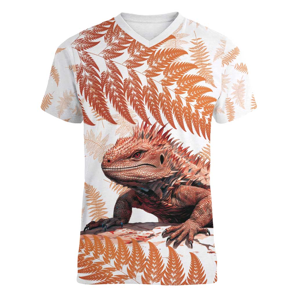 Red New Zealand Tuatara Women V-Neck T-Shirt Aotearoa Sphenodon Punctatus Silver Fern