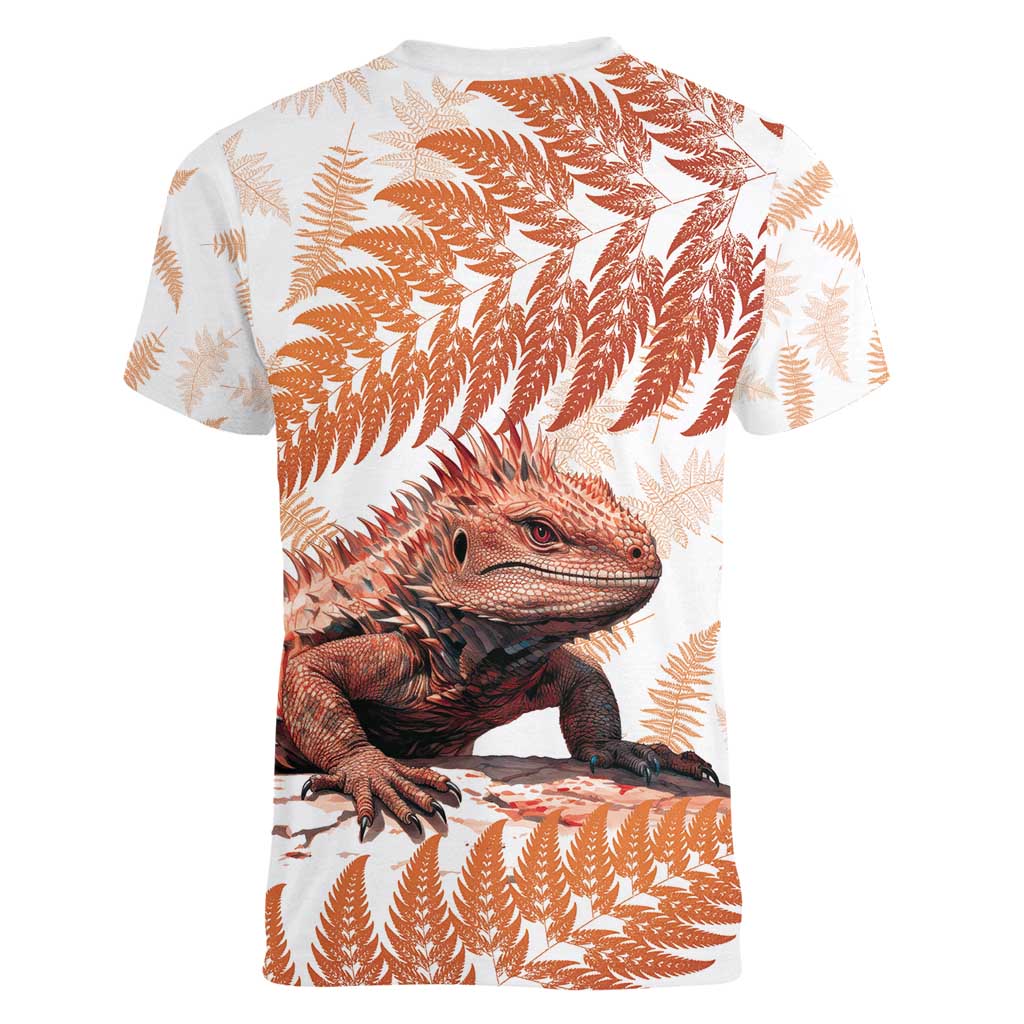 Red New Zealand Tuatara Women V-Neck T-Shirt Aotearoa Sphenodon Punctatus Silver Fern
