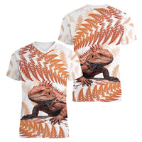 Red New Zealand Tuatara Women V-Neck T-Shirt Aotearoa Sphenodon Punctatus Silver Fern