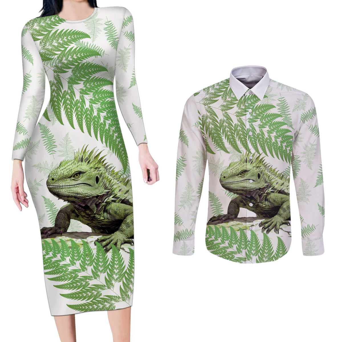 Green New Zealand Tuatara Couples Matching Long Sleeve Bodycon Dress and Long Sleeve Button Shirt Aotearoa Sphenodon Punctatus Silver Fern LT14 Green - Polynesian Pride