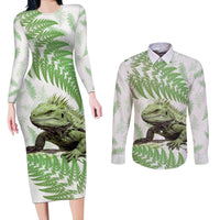 Green New Zealand Tuatara Couples Matching Long Sleeve Bodycon Dress and Long Sleeve Button Shirt Aotearoa Sphenodon Punctatus Silver Fern LT14 Green - Polynesian Pride