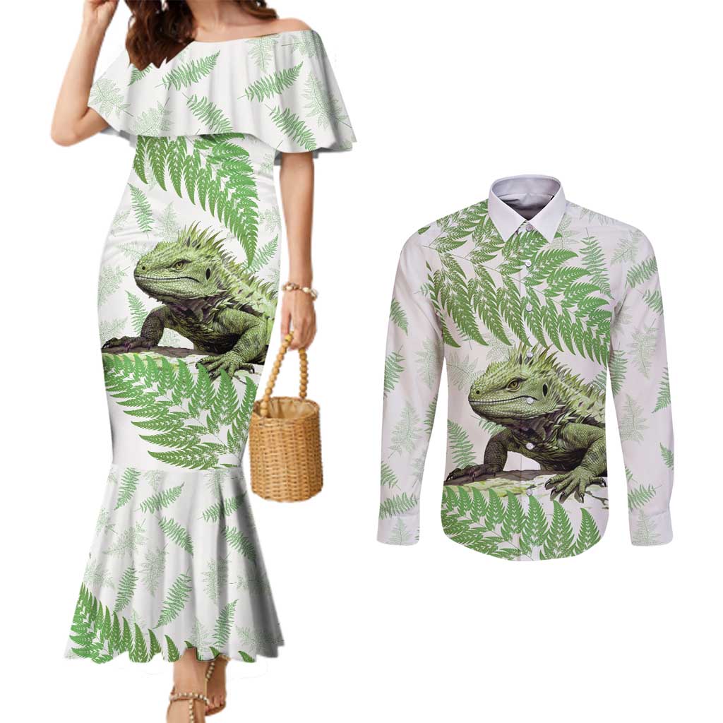 Green New Zealand Tuatara Couples Matching Mermaid Dress and Long Sleeve Button Shirt Aotearoa Sphenodon Punctatus Silver Fern LT14 Green - Polynesian Pride