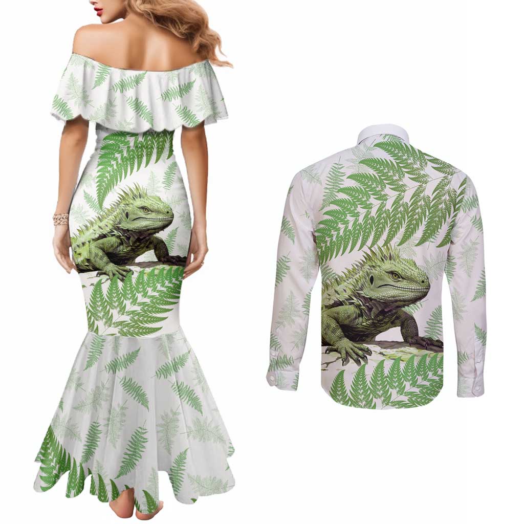 Green New Zealand Tuatara Couples Matching Mermaid Dress and Long Sleeve Button Shirt Aotearoa Sphenodon Punctatus Silver Fern LT14 - Polynesian Pride