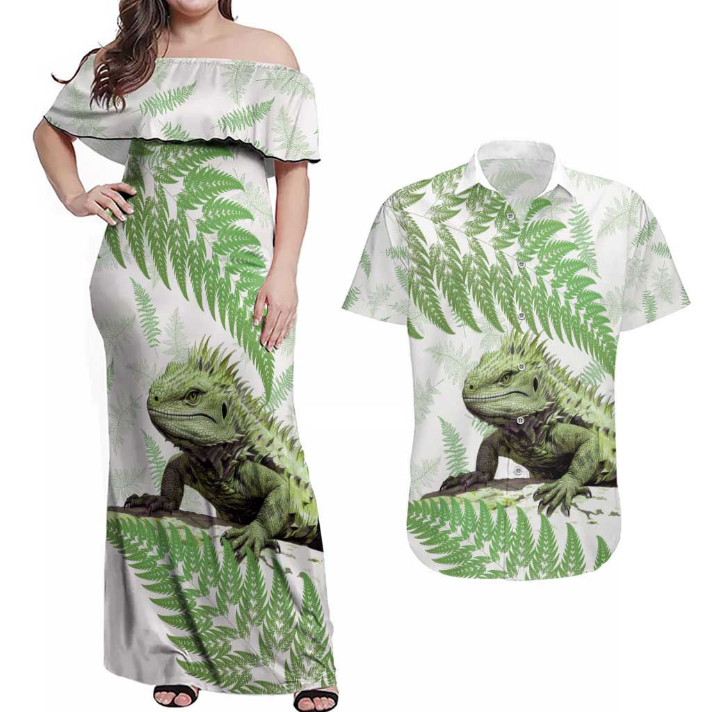 Green New Zealand Tuatara Couples Matching Off Shoulder Maxi Dress and Hawaiian Shirt Aotearoa Sphenodon Punctatus Silver Fern LT14 Green - Polynesian Pride