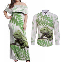 Green New Zealand Tuatara Couples Matching Off Shoulder Maxi Dress and Long Sleeve Button Shirt Aotearoa Sphenodon Punctatus Silver Fern LT14 Green - Polynesian Pride