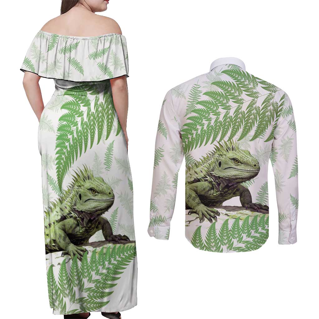 Green New Zealand Tuatara Couples Matching Off Shoulder Maxi Dress and Long Sleeve Button Shirt Aotearoa Sphenodon Punctatus Silver Fern LT14 - Polynesian Pride