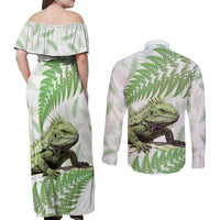Green New Zealand Tuatara Couples Matching Off Shoulder Maxi Dress and Long Sleeve Button Shirt Aotearoa Sphenodon Punctatus Silver Fern LT14 - Polynesian Pride