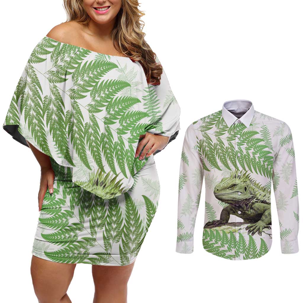 Green New Zealand Tuatara Couples Matching Off Shoulder Short Dress and Long Sleeve Button Shirt Aotearoa Sphenodon Punctatus Silver Fern LT14 Green - Polynesian Pride