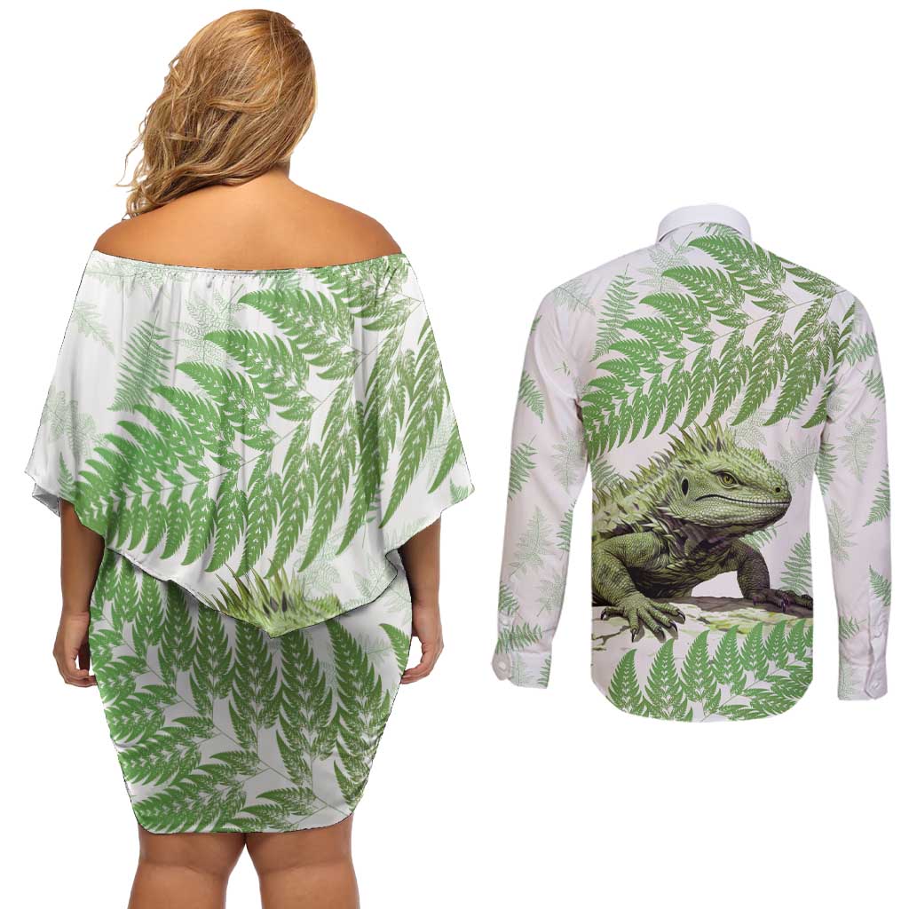 Green New Zealand Tuatara Couples Matching Off Shoulder Short Dress and Long Sleeve Button Shirt Aotearoa Sphenodon Punctatus Silver Fern LT14 - Polynesian Pride