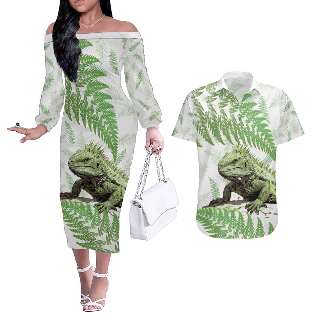 Green New Zealand Tuatara Couples Matching Off The Shoulder Long Sleeve Dress and Hawaiian Shirt Aotearoa Sphenodon Punctatus Silver Fern LT14 Green - Polynesian Pride