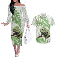 Green New Zealand Tuatara Couples Matching Off The Shoulder Long Sleeve Dress and Hawaiian Shirt Aotearoa Sphenodon Punctatus Silver Fern LT14 Green - Polynesian Pride