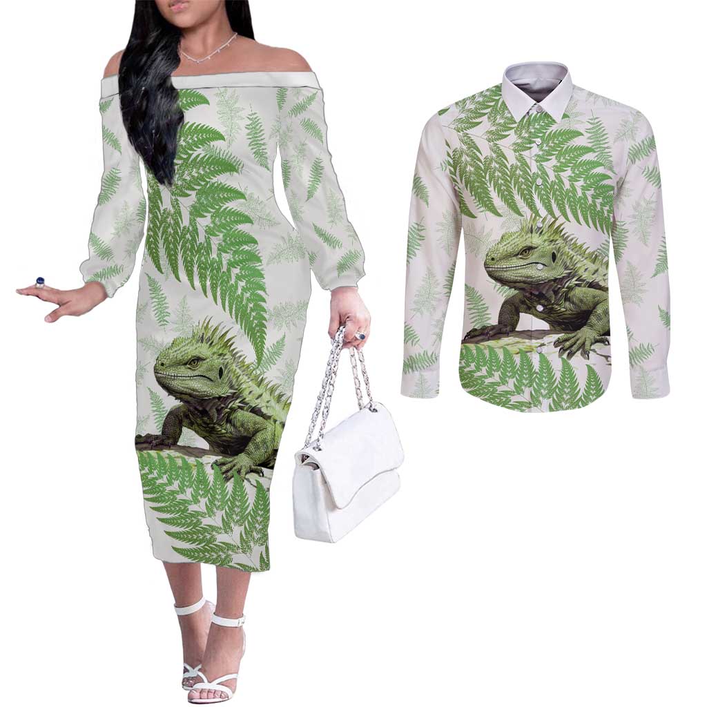 Green New Zealand Tuatara Couples Matching Off The Shoulder Long Sleeve Dress and Long Sleeve Button Shirt Aotearoa Sphenodon Punctatus Silver Fern LT14 Green - Polynesian Pride