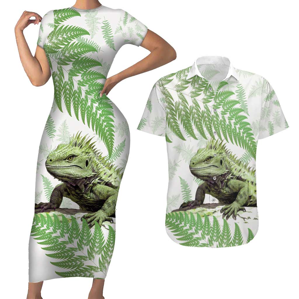 Green New Zealand Tuatara Couples Matching Short Sleeve Bodycon Dress and Hawaiian Shirt Aotearoa Sphenodon Punctatus Silver Fern LT14 Green - Polynesian Pride
