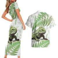 Green New Zealand Tuatara Couples Matching Short Sleeve Bodycon Dress and Hawaiian Shirt Aotearoa Sphenodon Punctatus Silver Fern LT14 - Polynesian Pride
