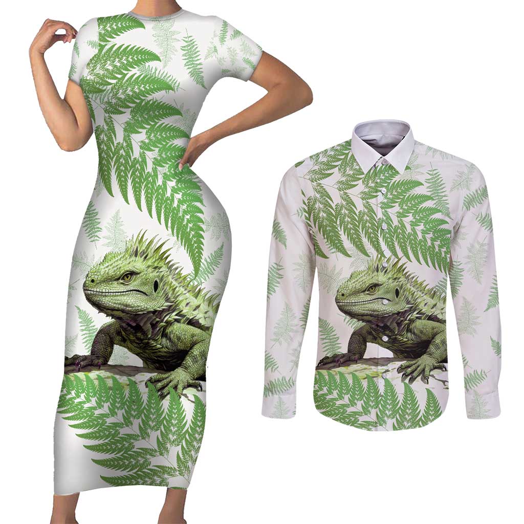 Green New Zealand Tuatara Couples Matching Short Sleeve Bodycon Dress and Long Sleeve Button Shirt Aotearoa Sphenodon Punctatus Silver Fern LT14 Green - Polynesian Pride