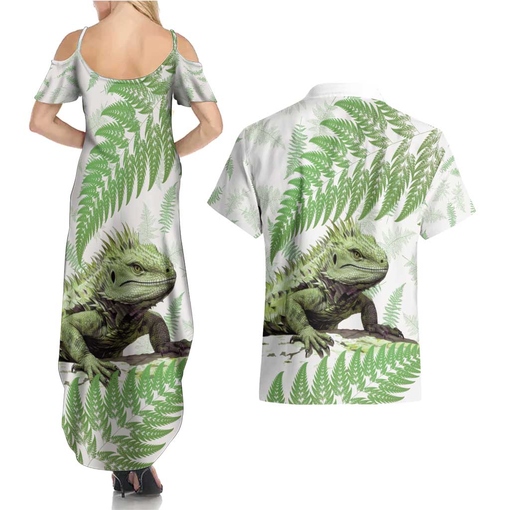 Green New Zealand Tuatara Couples Matching Summer Maxi Dress and Hawaiian Shirt Aotearoa Sphenodon Punctatus Silver Fern LT14 - Polynesian Pride