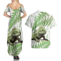 Green New Zealand Tuatara Couples Matching Summer Maxi Dress and Hawaiian Shirt Aotearoa Sphenodon Punctatus Silver Fern LT14 - Polynesian Pride