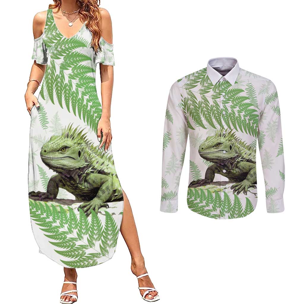 Green New Zealand Tuatara Couples Matching Summer Maxi Dress and Long Sleeve Button Shirt Aotearoa Sphenodon Punctatus Silver Fern LT14 Green - Polynesian Pride