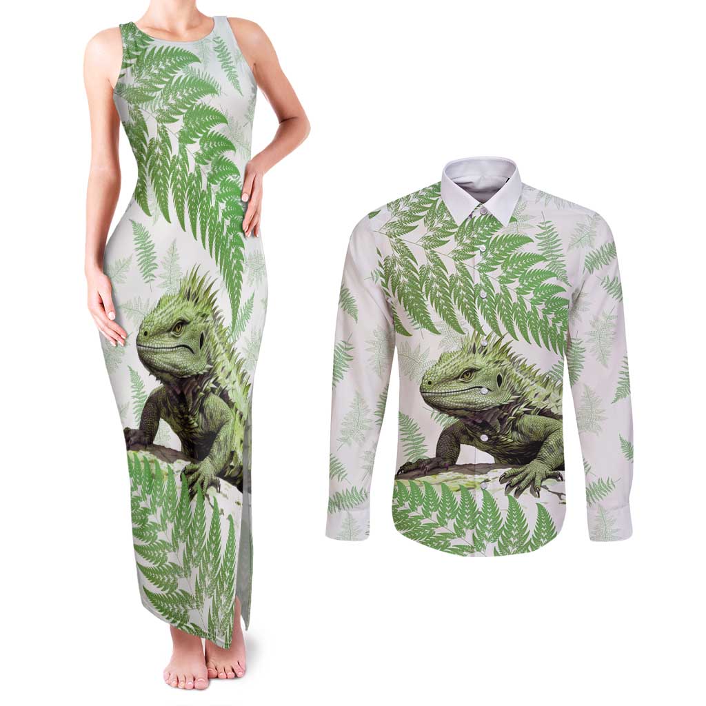 Green New Zealand Tuatara Couples Matching Tank Maxi Dress and Long Sleeve Button Shirt Aotearoa Sphenodon Punctatus Silver Fern LT14 Green - Polynesian Pride